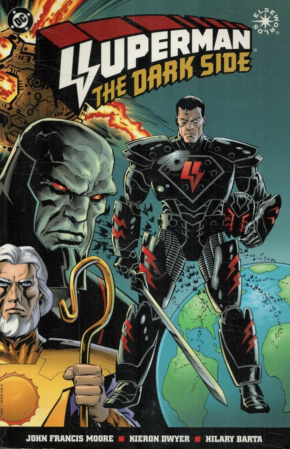 Cover of the tradepaperback of Superman, the Dark Side, showing an evil looking Superman with Darkseid's rocky face behind him