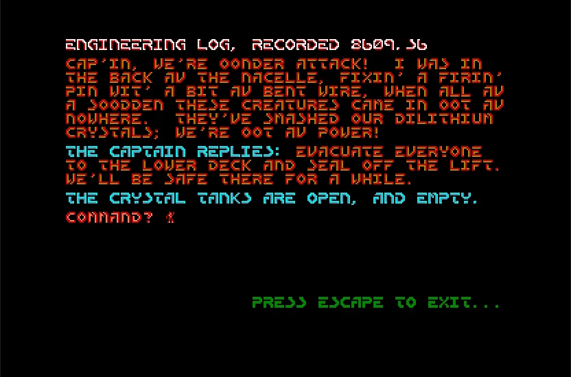 The text adventure section of the Excalibur level