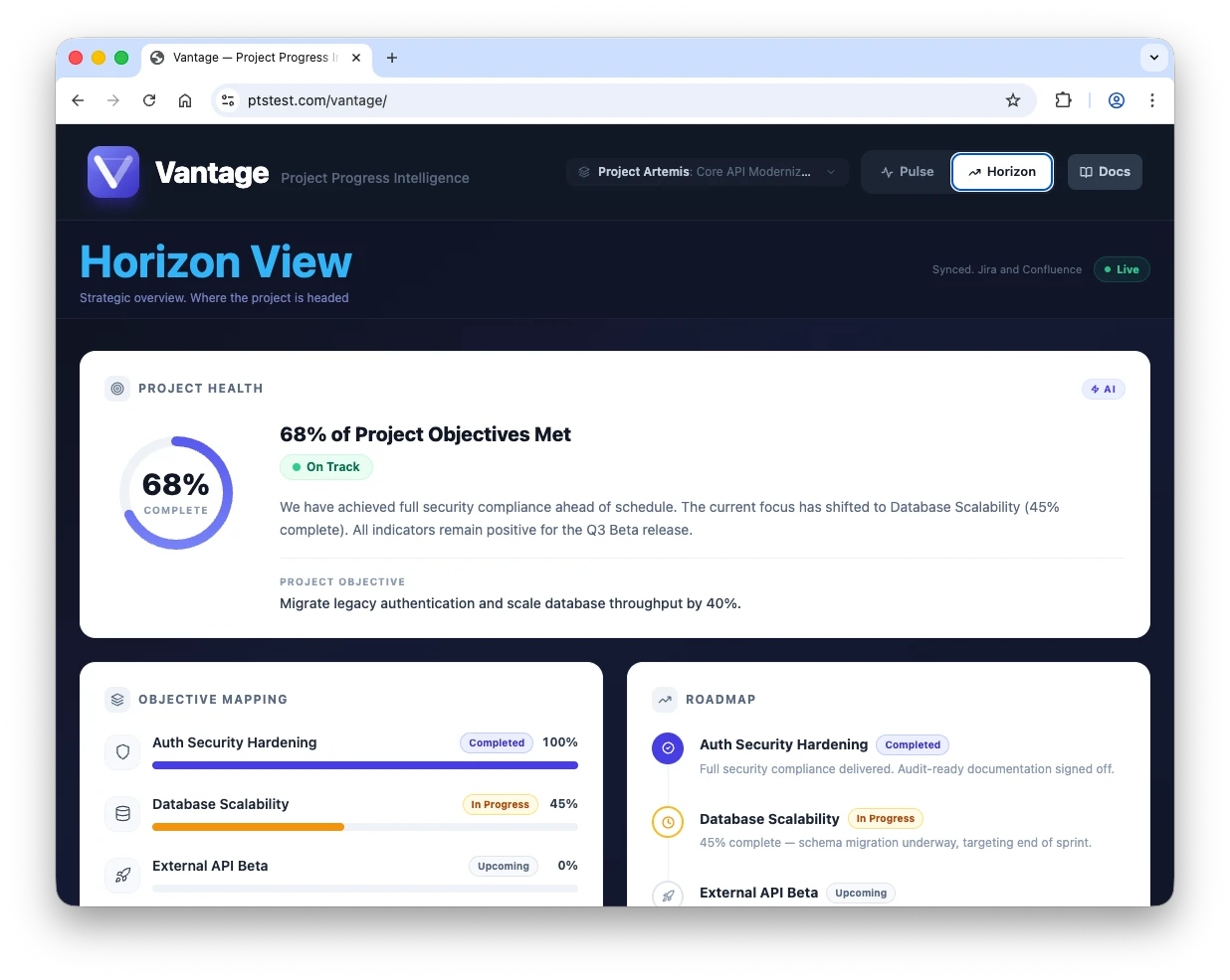 This shows the high level perspective of the project, including objectives and roadmaps.