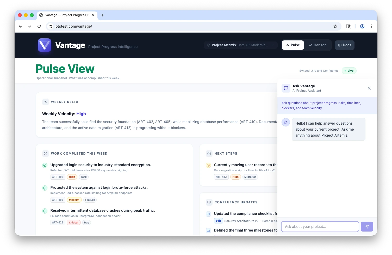 The user interface of the Vantage prototype, showcasing the AI-powered conversational assistant in action.