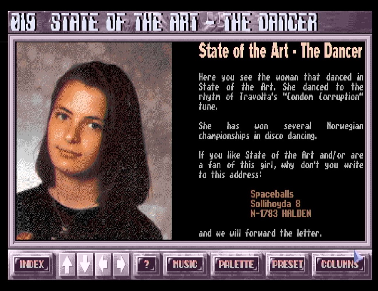 An introduction of the dancer whose footage was used in the demo, again a screenshot from the R.A.W. diskmag