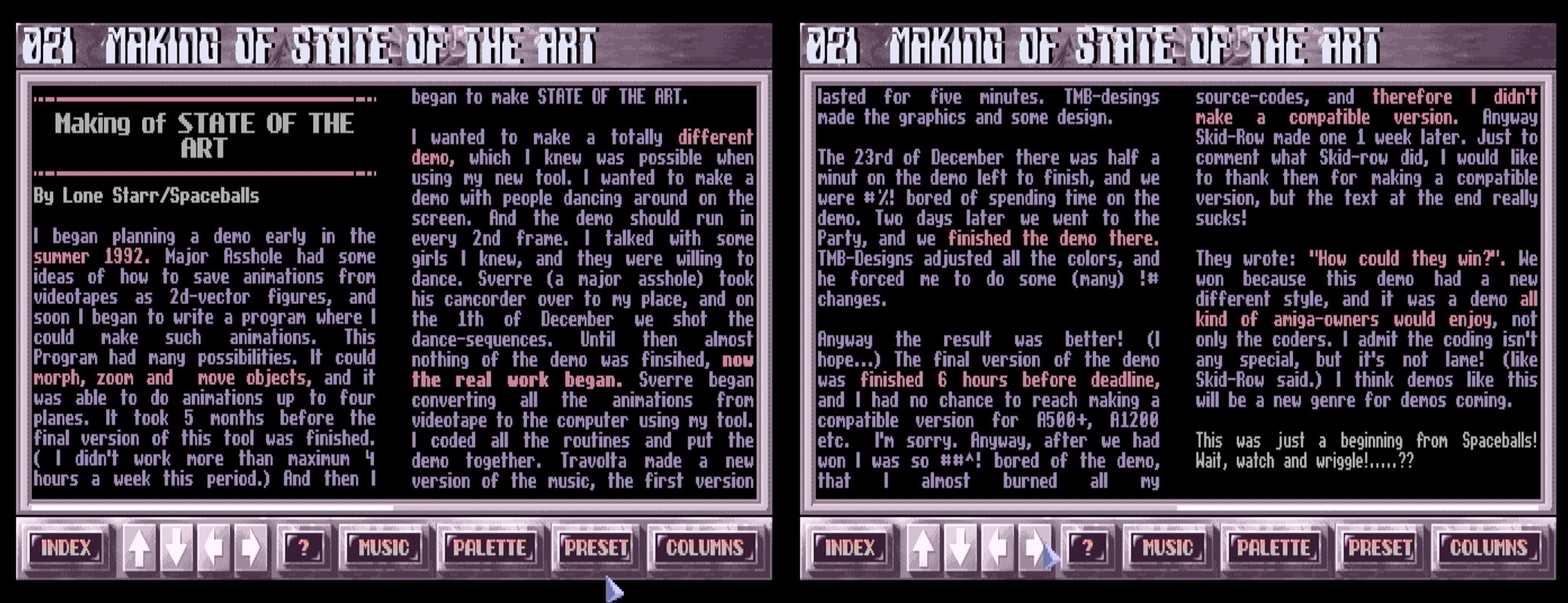 Screenshots of the R.A.W. diskmag that describes the creation of the demo