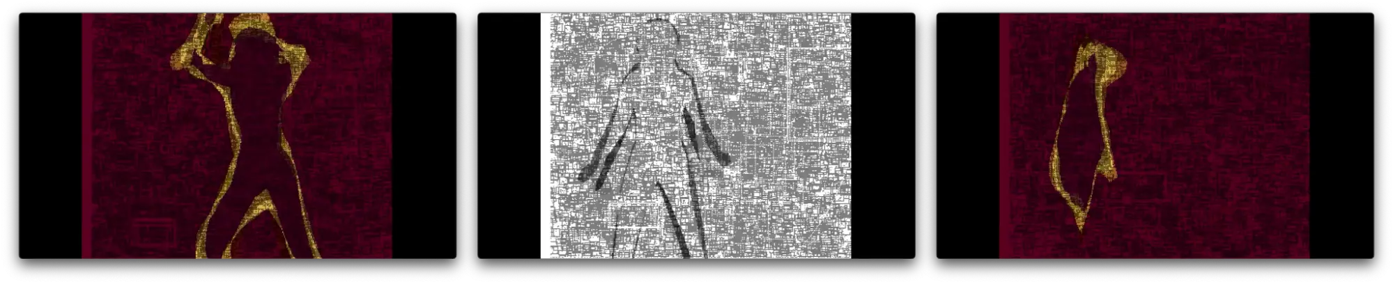 The dancing silhouettes in a kaleidoscope of glitch effects
