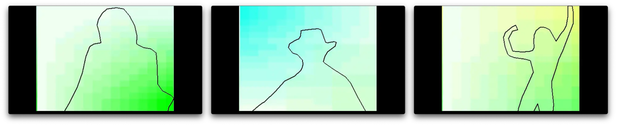 The dancers are transformed into outlines over a light gradient